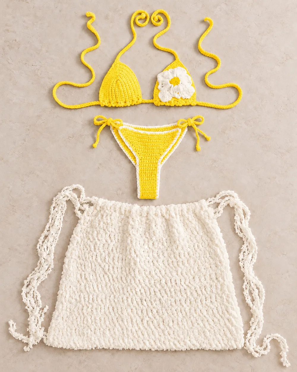 Daisy Drift Three-Piece Bikini Set in Yellow & White